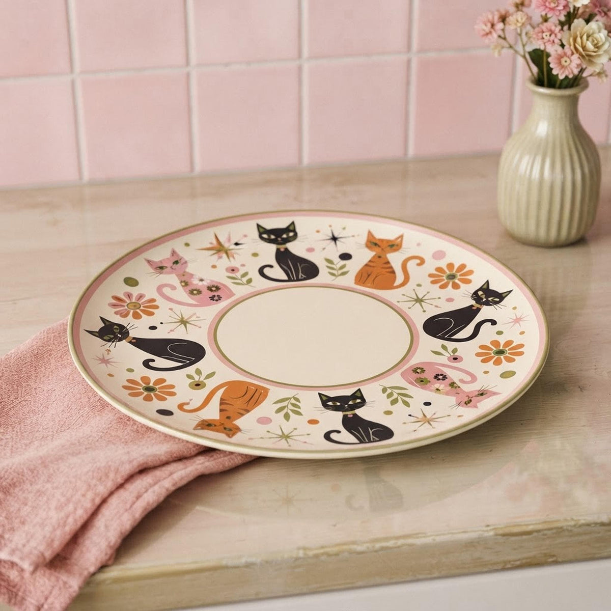 Retro Cat Dinner Plate, 10-Inch Polymer, Microwave And Oven Safe