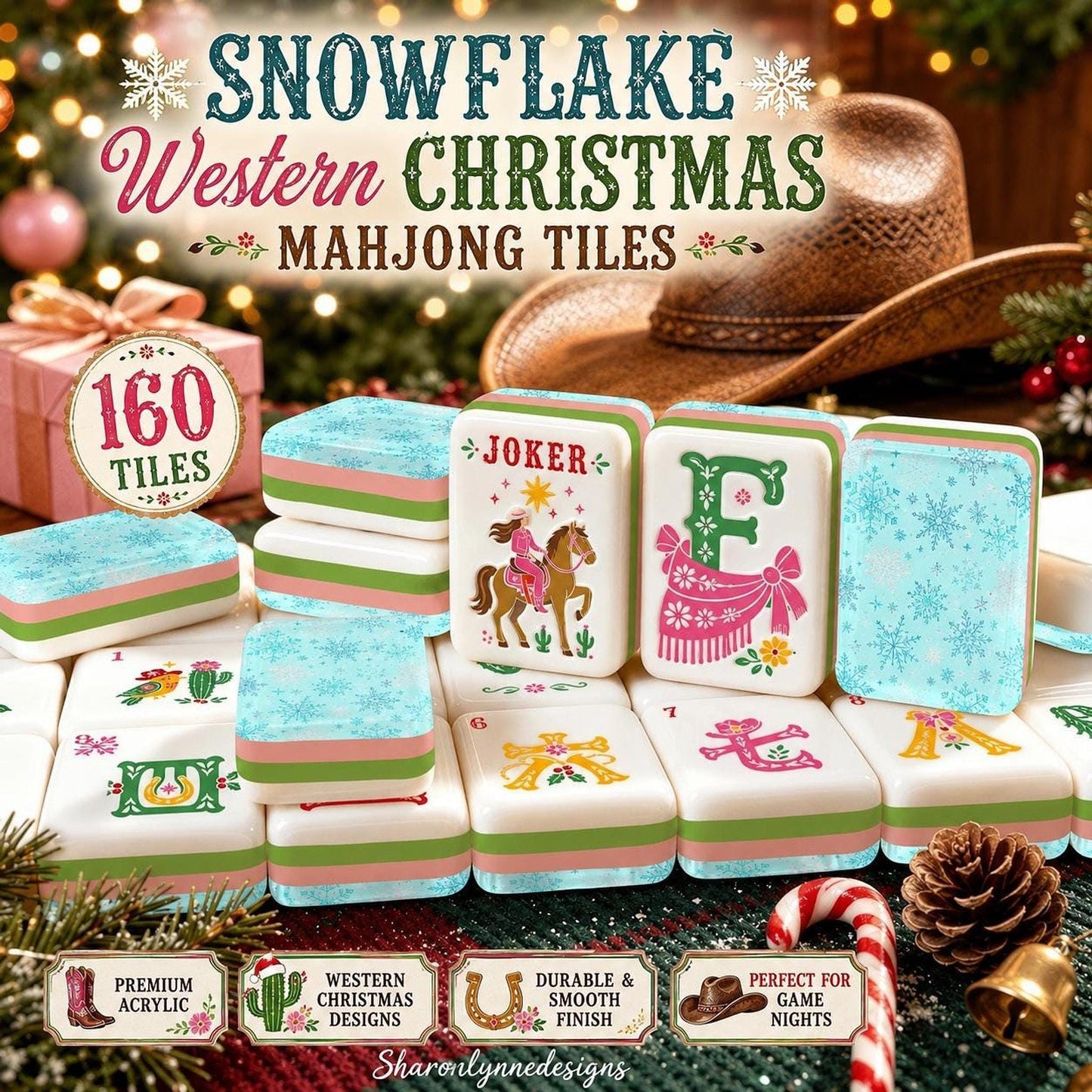 American Mahjong Tile Set, Acrylic Snowflake Western Christmas Design, 160 Pieces