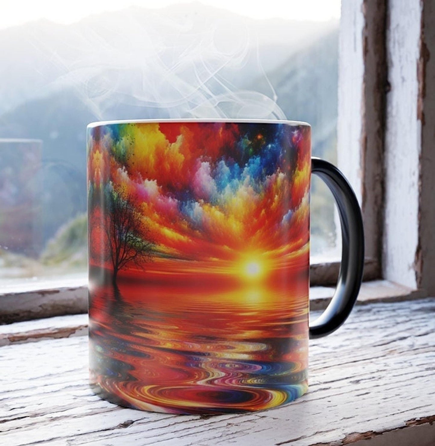Changing Colorful Or Coffee Mug, 11oz Heat-Reactive Ceramic Sunset Design