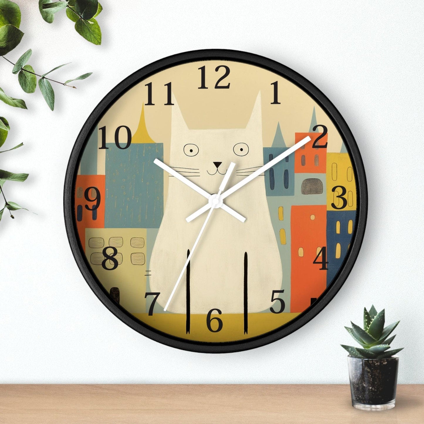 Retro Cat Clock, Wooden Wall Decor with Plexiglass Face