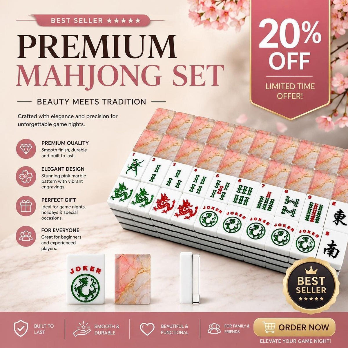 Pink Marble Acrylic American Mahjong Tiles UV Printed, Quality for Game Night