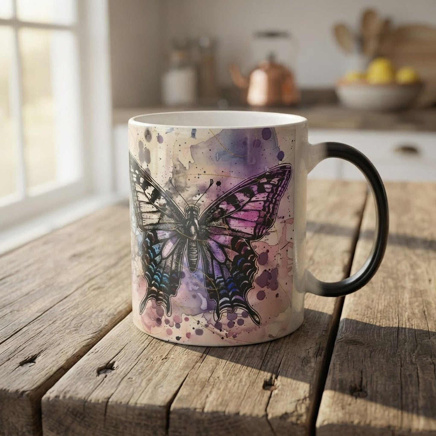 Conversation Novelty Mug, Heat-Reactive Ceramic Butterfly Design, Glossy Black 11 Oz