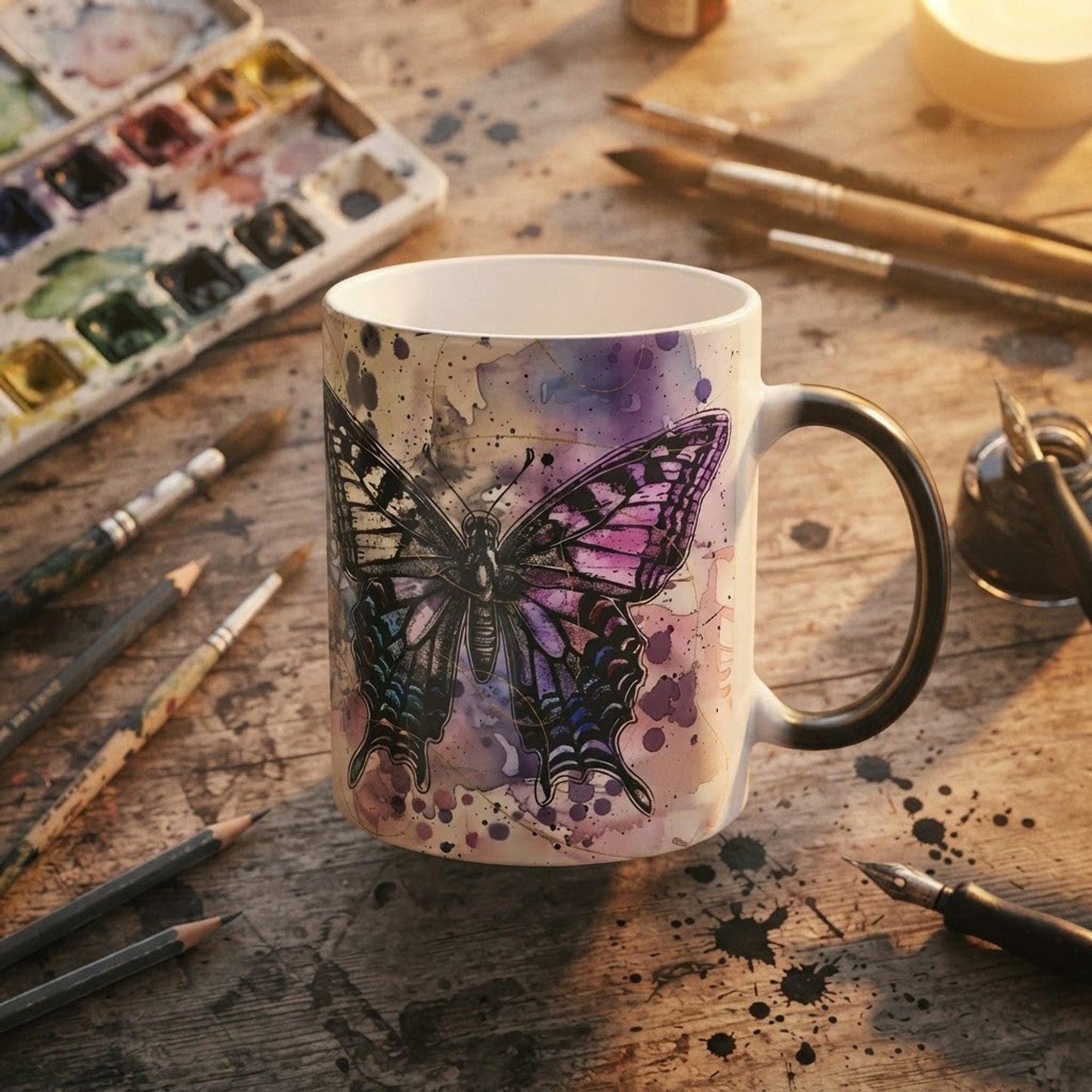 Conversation Novelty Mug, Heat-Reactive Ceramic Butterfly Design, Glossy Black 11 Oz