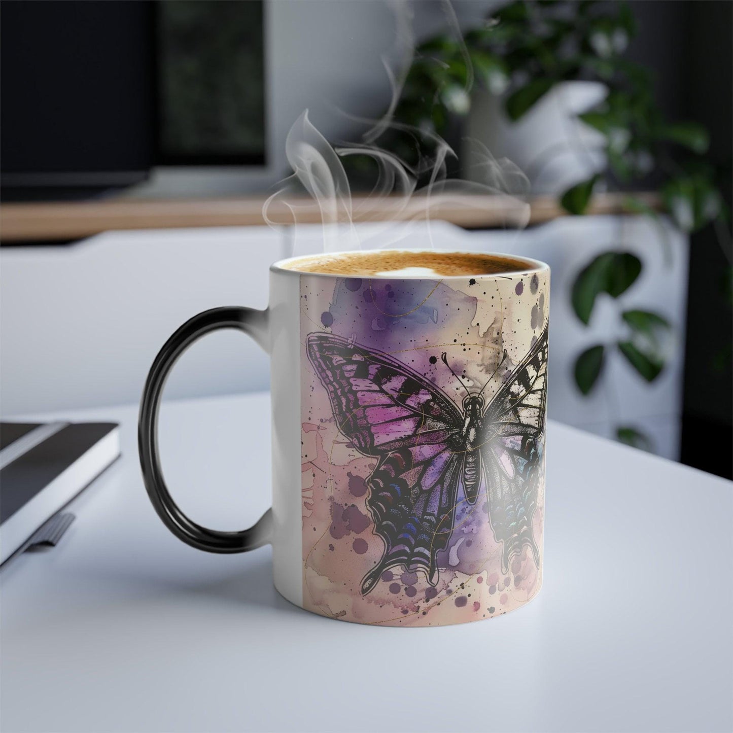 Conversation Novelty Mug, Heat-Reactive Ceramic Butterfly Design, Glossy Black 11 Oz
