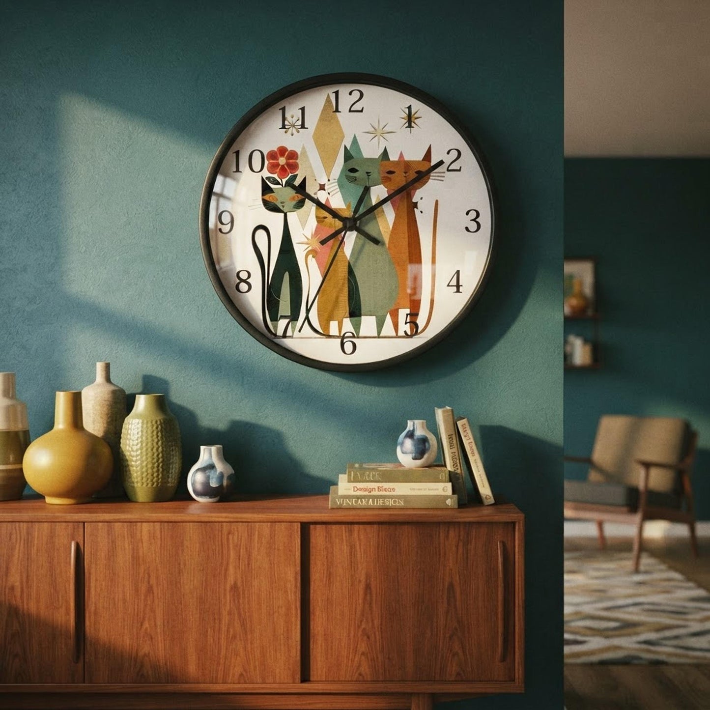 Handmade Playroom Cat Wall Clock, Silent Wood And Plexiglass, Retro Decor