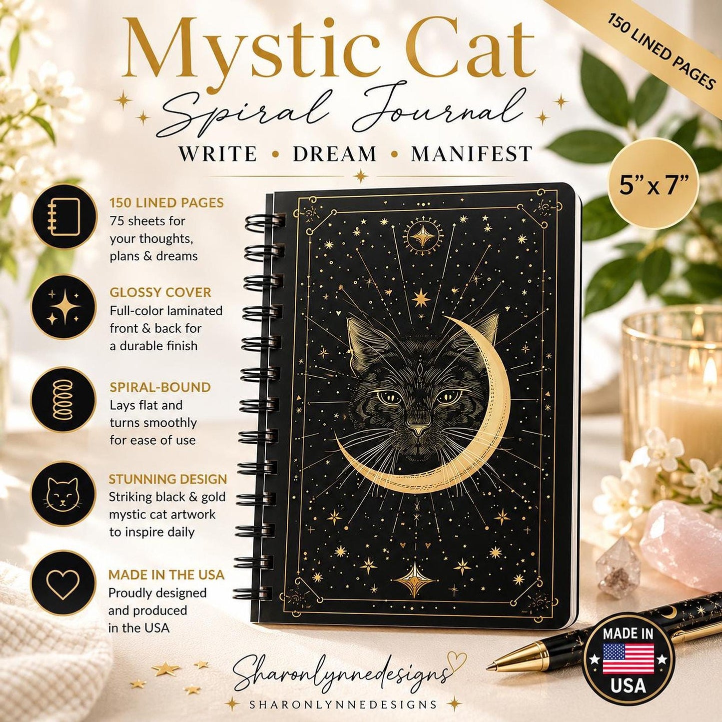 Occasion Birthday Black Gold Journal, 5 x 7 Spiral Bound with 150 Lined Pages