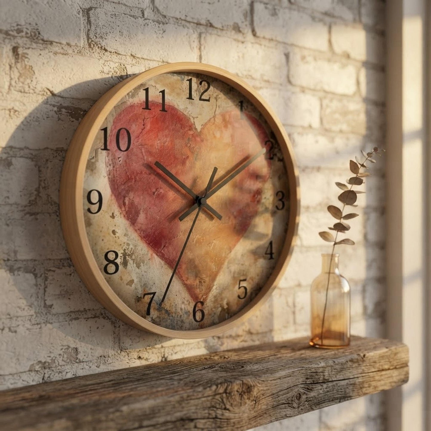 Timekeeping Handmade Rustic Heart Wall Clock, Silent Sweep, PVC Frame, 10 x 10 In.