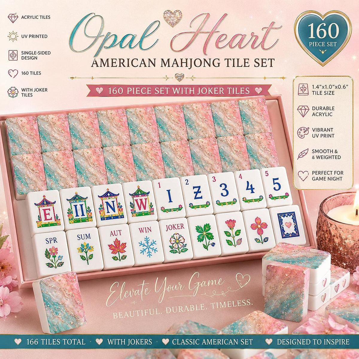 American Mahjong Set with Opal Hearts, Elegant Acrylic Tile Collection
