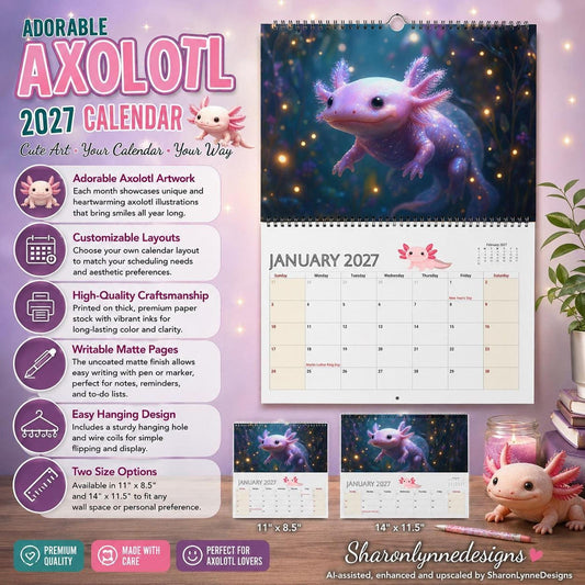 Axolotl Calendar 2027, Illustrated Monthly Wall with Writable Grids