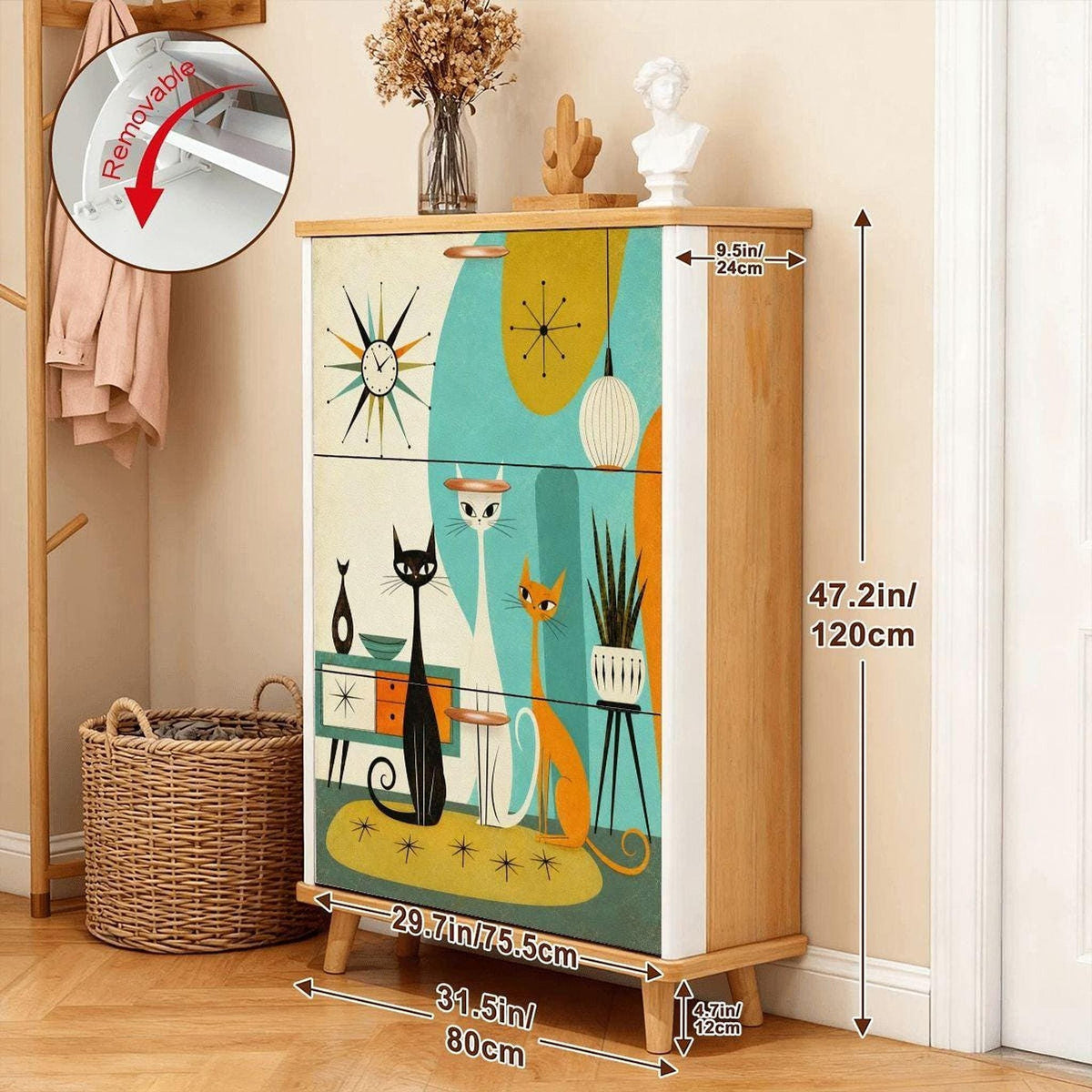 Atomic Cats Cabinet, MDF Wood Shoe with Colorful Design