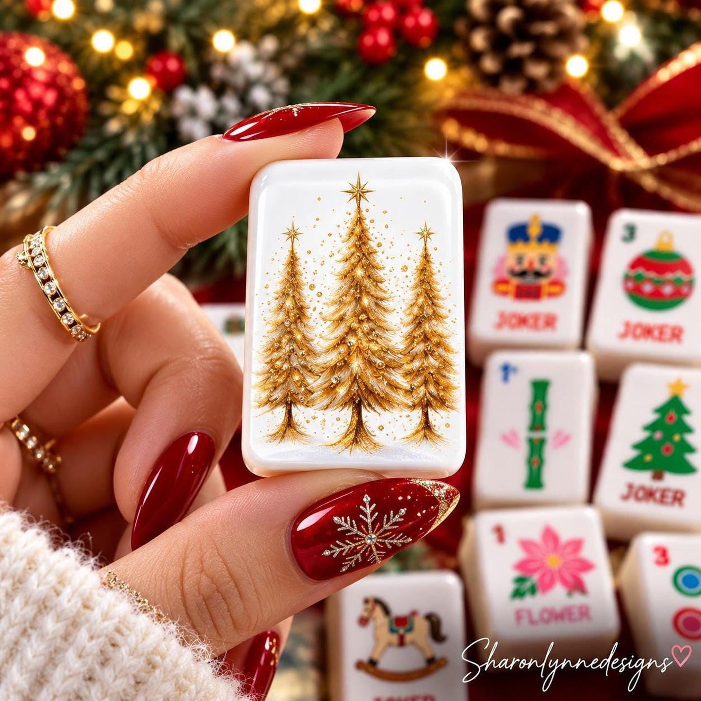 Golden Christmas Tree American Mahjong Set, 160 Acrylic Tiles, UV Printed