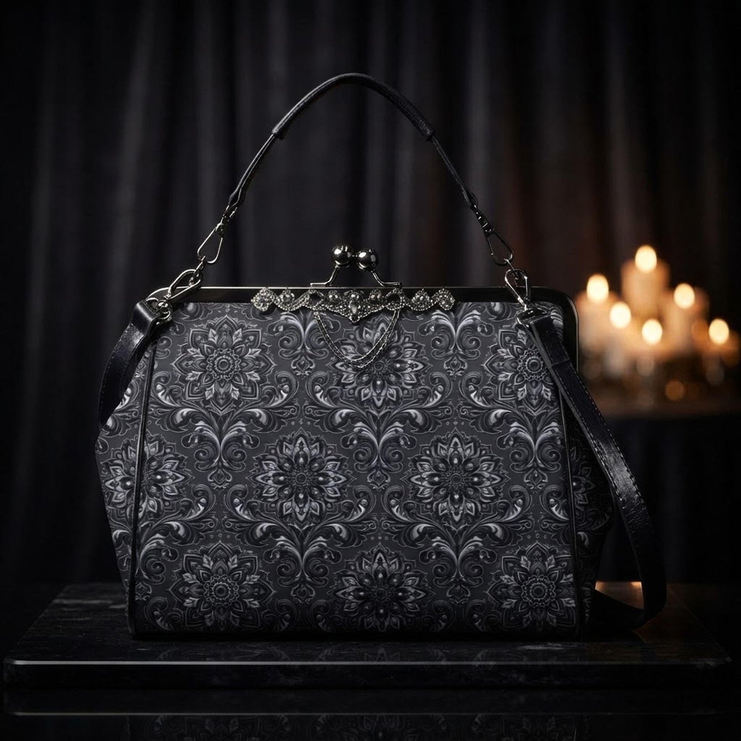 Black & Silver Kisslock Crossbody, Waxed PU Leather Floral Damask, Removable Strap