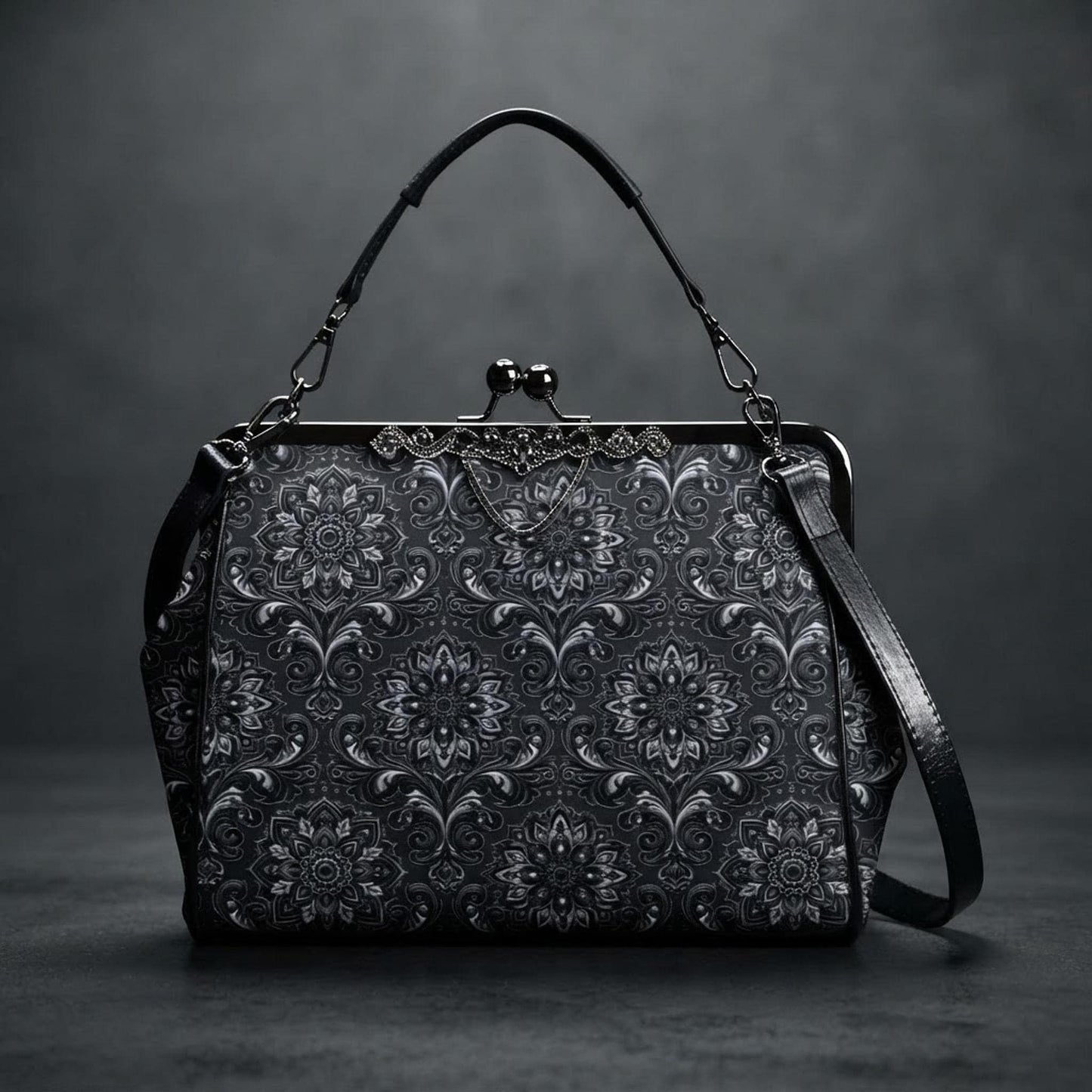 Black & Silver Kisslock Crossbody, Waxed PU Leather Floral Damask, Removable Strap