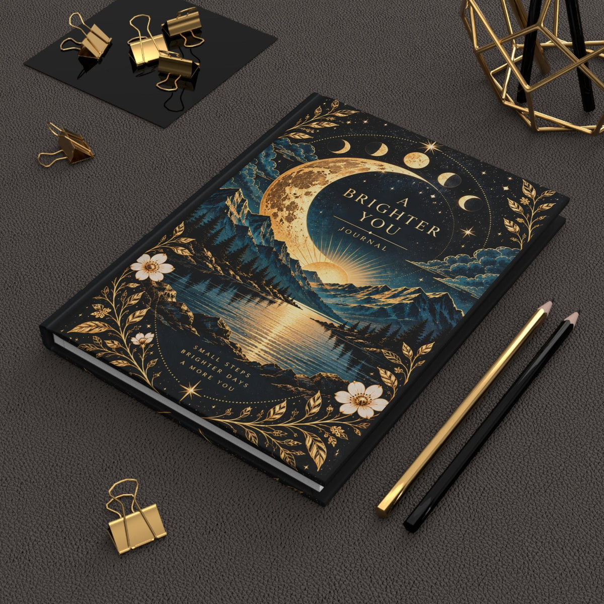 Hardcover Journal, Moonlit Mountain Scene with 150 Lined Pages, Matte Laminated Cover