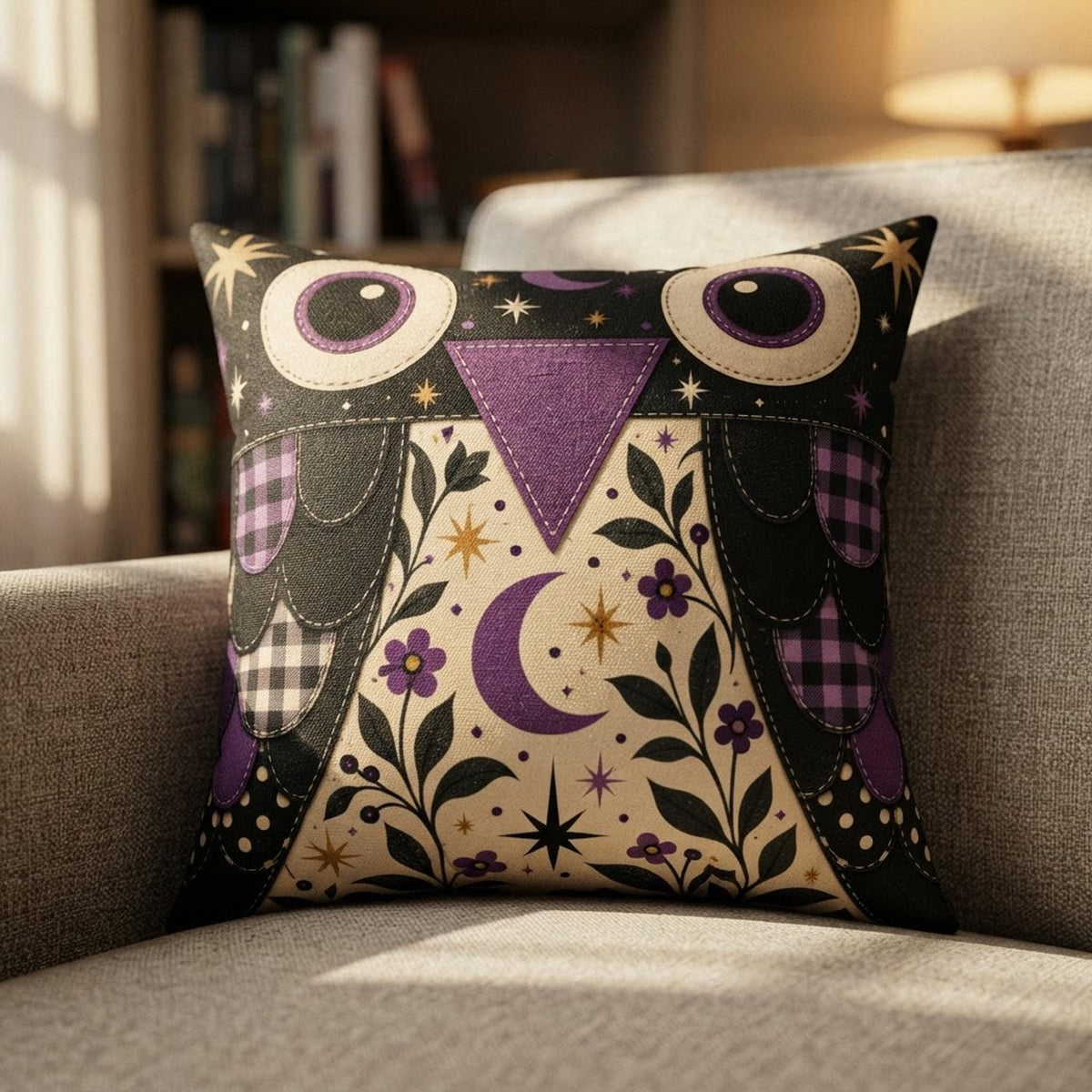Purple Owl Pillow, Square Faux Suede Cover with Double-Sided Print