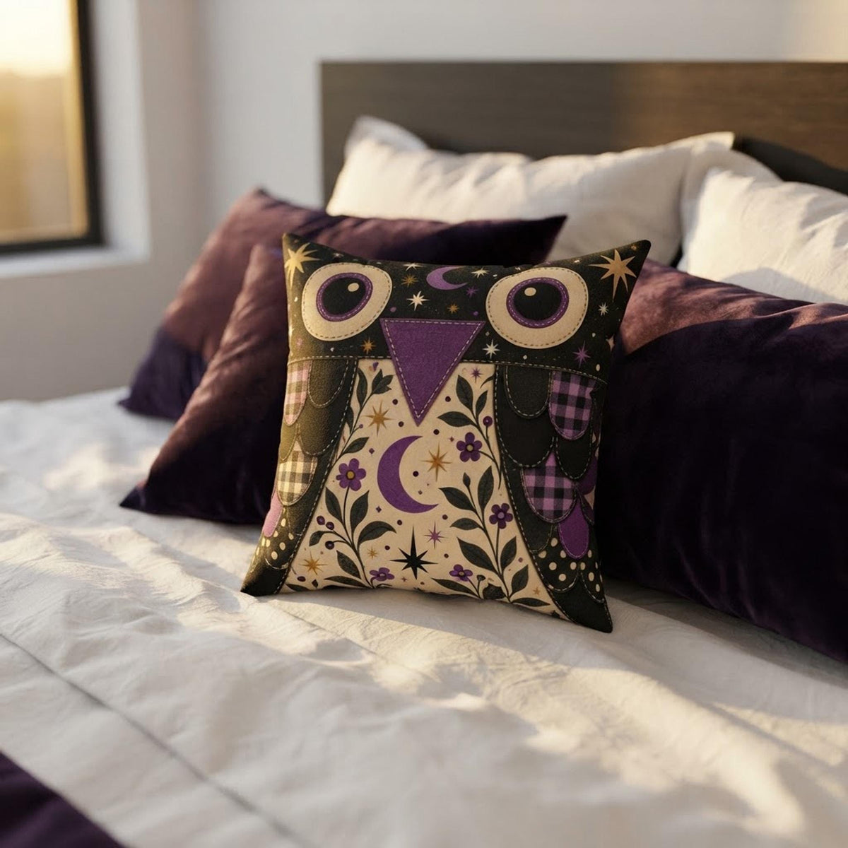 Purple Owl Pillow, Square Faux Suede Cover with Double-Sided Print