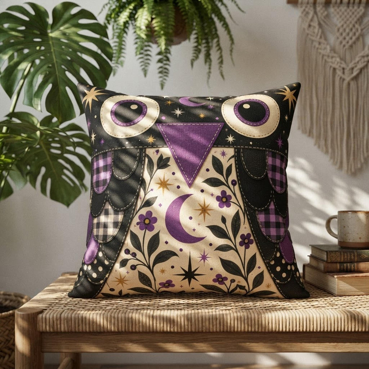 Purple Owl Pillow, Square Faux Suede Cover with Double-Sided Print