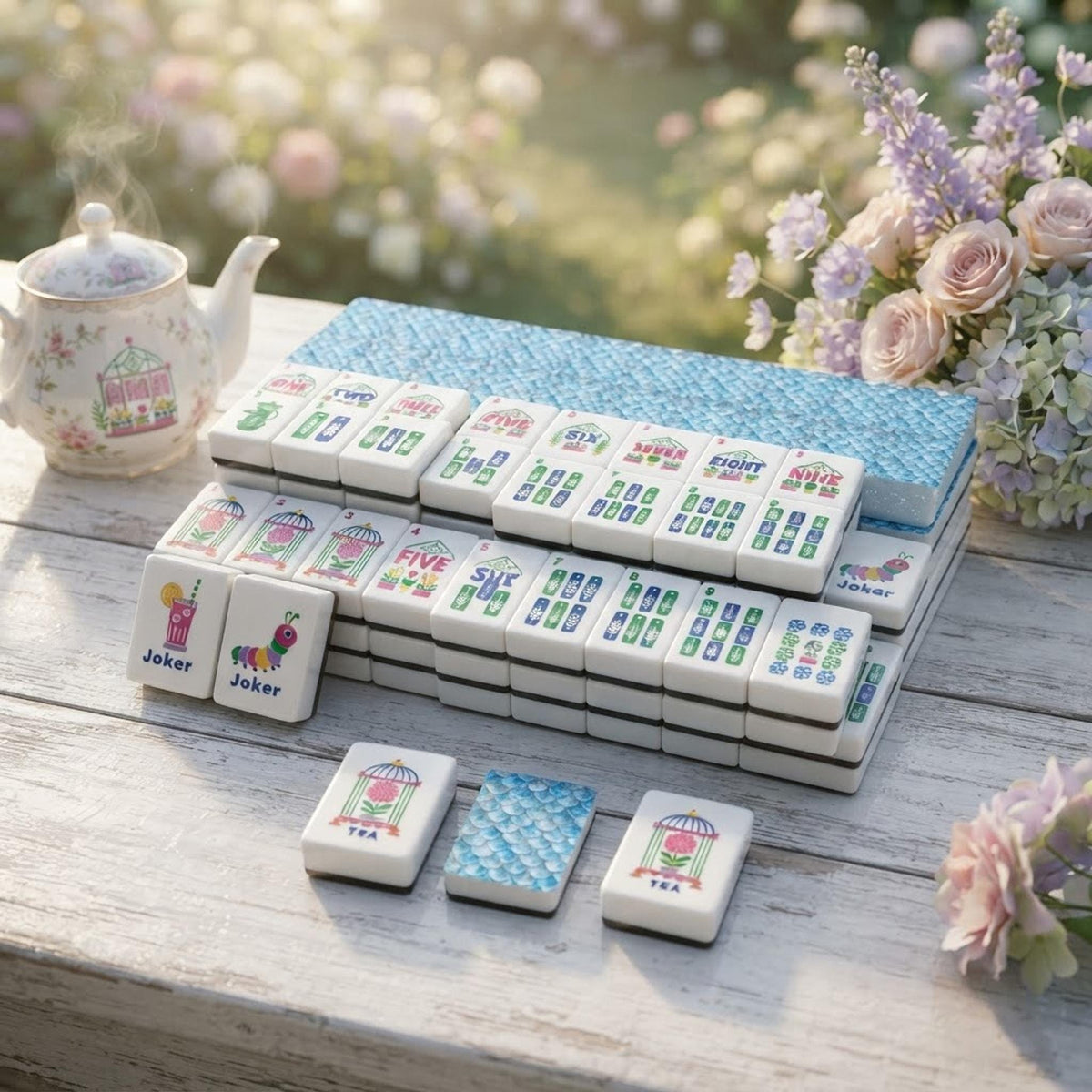 American Mahjong Set, 160-Piece Acrylic with Blue Mermaid-Scale Inspired Backs