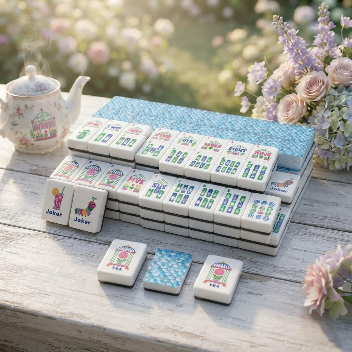 American Mahjong Set, 160-Piece Acrylic with Blue Mermaid-Scale Inspired Backs