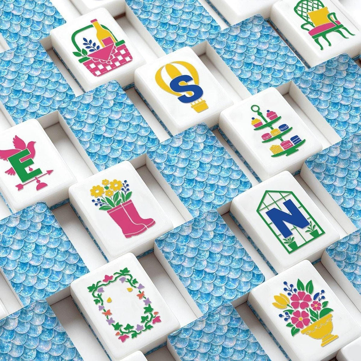 American Mahjong Set, 160-Piece Acrylic with Blue Mermaid-Scale Inspired Backs