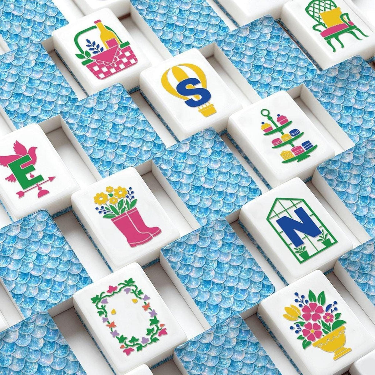 American Mahjong Set, 160-Piece Acrylic with Blue Mermaid-Scale Inspired Backs