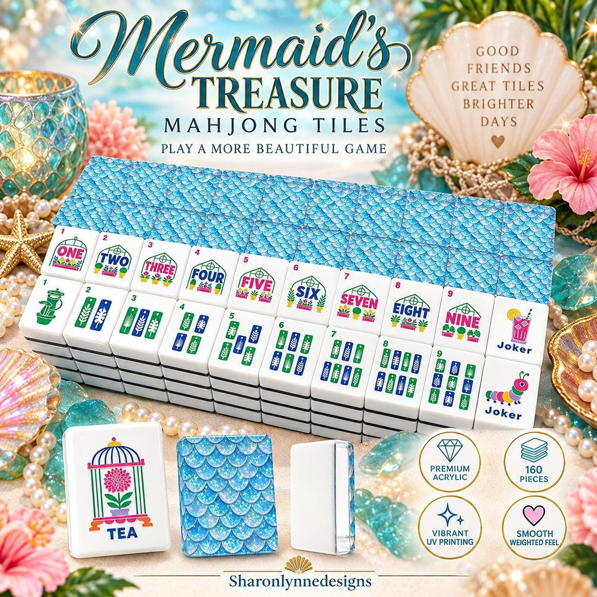 American Mahjong Set, 160-Piece Acrylic with Blue Mermaid-Scale Inspired Backs