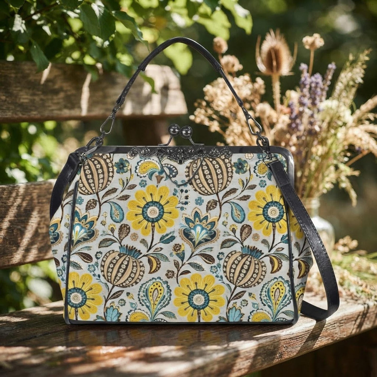 Yellow Floral Kiss Lock Bag, Waxed PU Leather Crossbody with Removable Strap