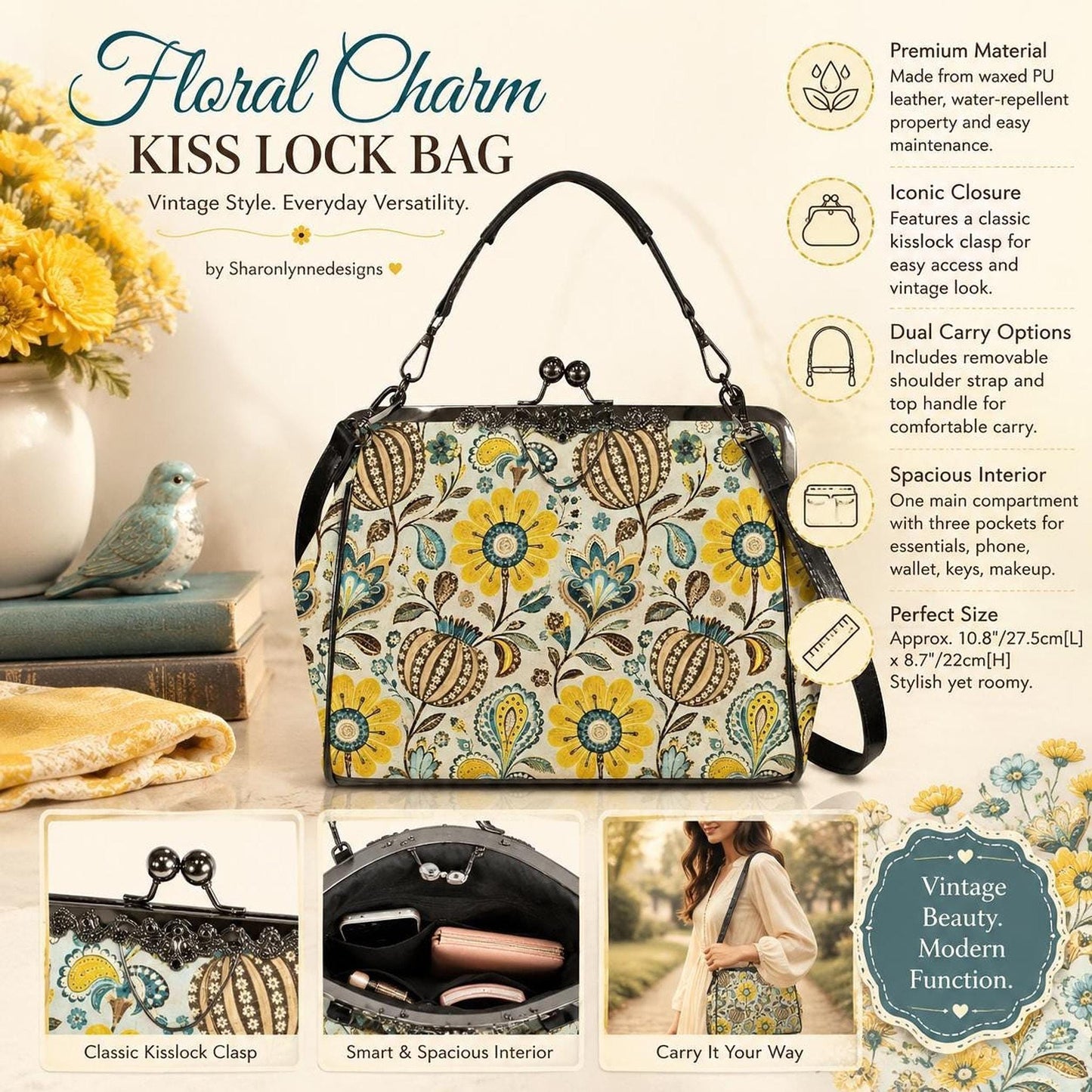 Yellow Floral Kiss Lock Bag, Waxed PU Leather Crossbody with Removable Strap