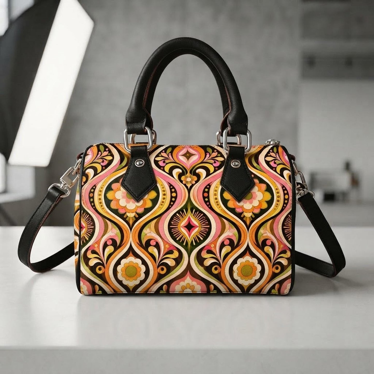 Retro Barrel Bag, Waterproof PU Leather Crossbody with All-Over Floral Print