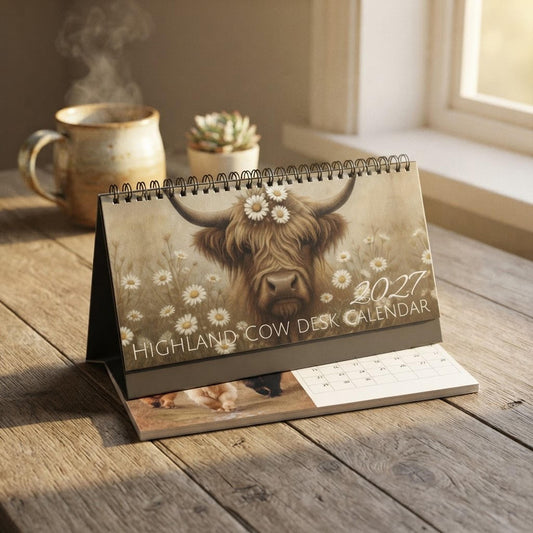 Highland Cow Desktop Calendar: Rustic Farmhouse Office Decor 2027