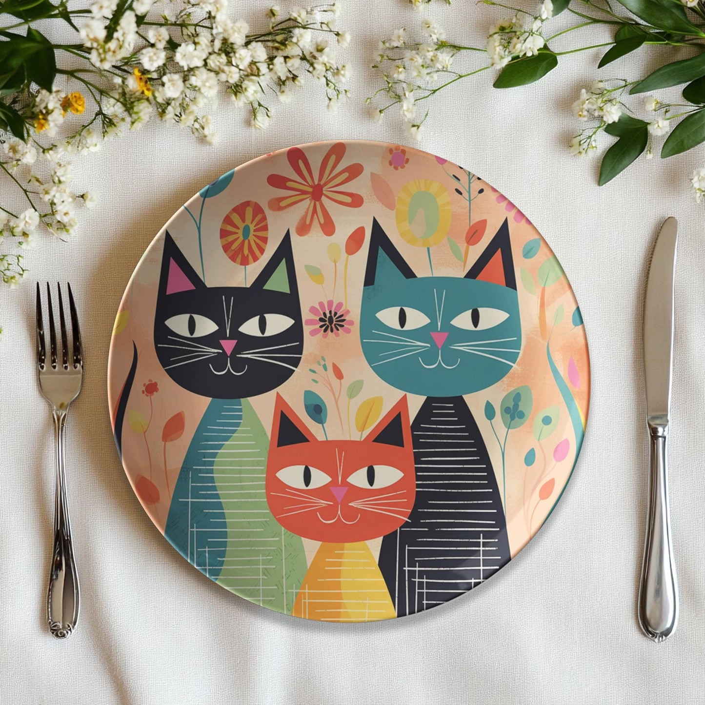 Cat Dinner Plate, 10-Inch ThermoSaf Polymer Retro Tableware, Microwave And Dishwasher Safe