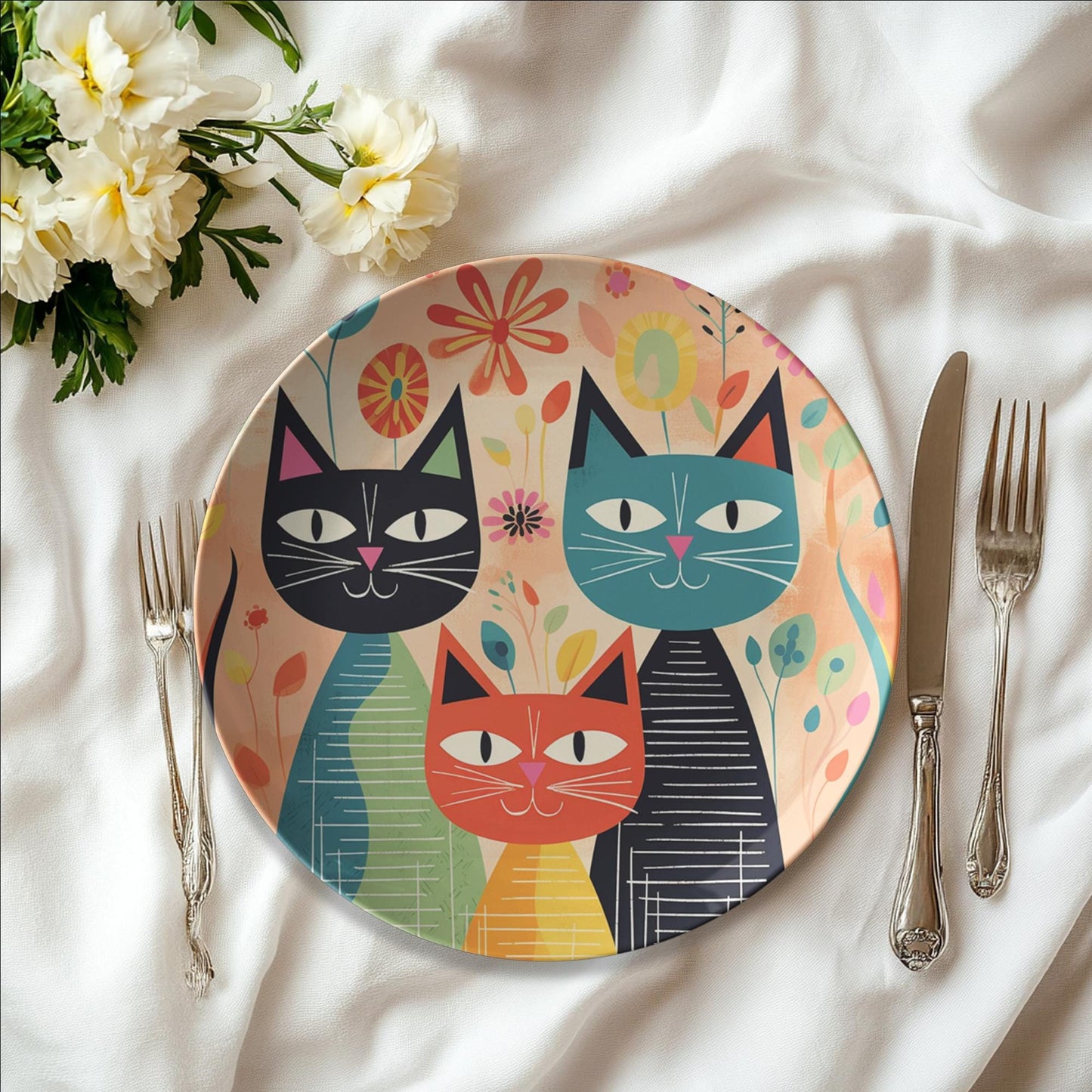 Cat Dinner Plate, 10-Inch ThermoSaf Polymer Retro Tableware, Microwave And Dishwasher Safe