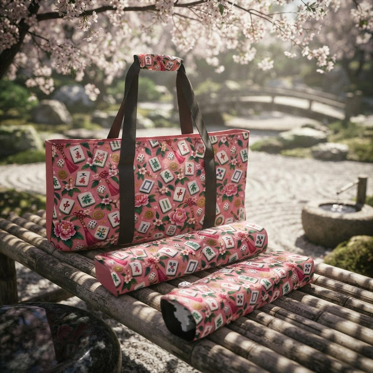 Pink Mahjong Bag Set, Durable Canvas Storage with Three Coordinated Pieces