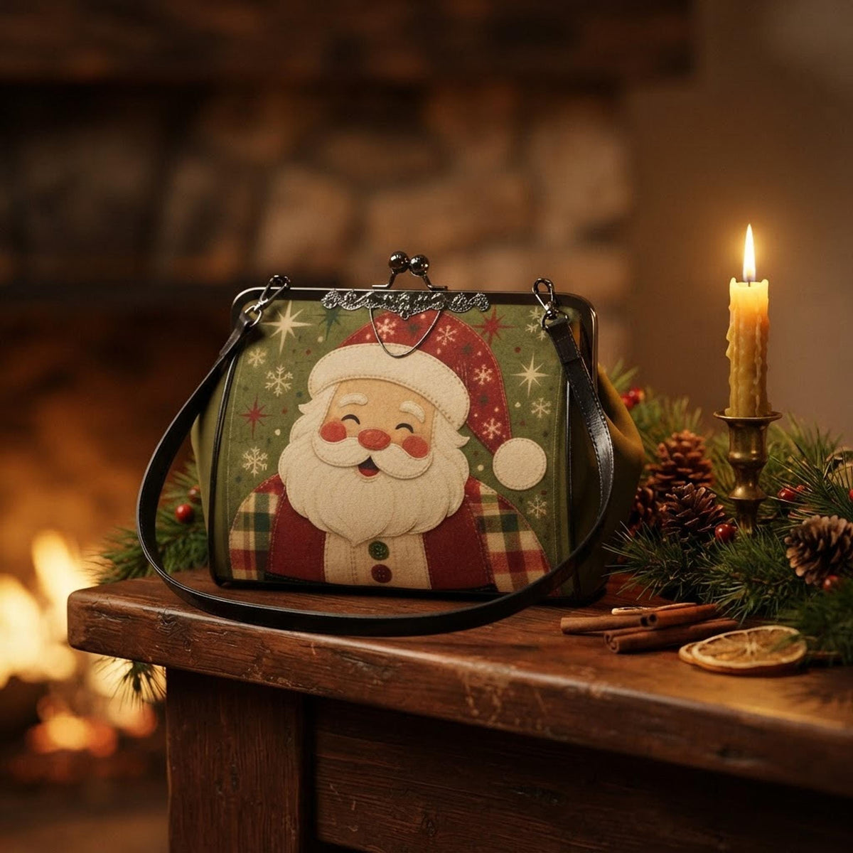Santa Kisslock Bag, Waxed PU Leather Crossbody with Removable Shoulder Strap
