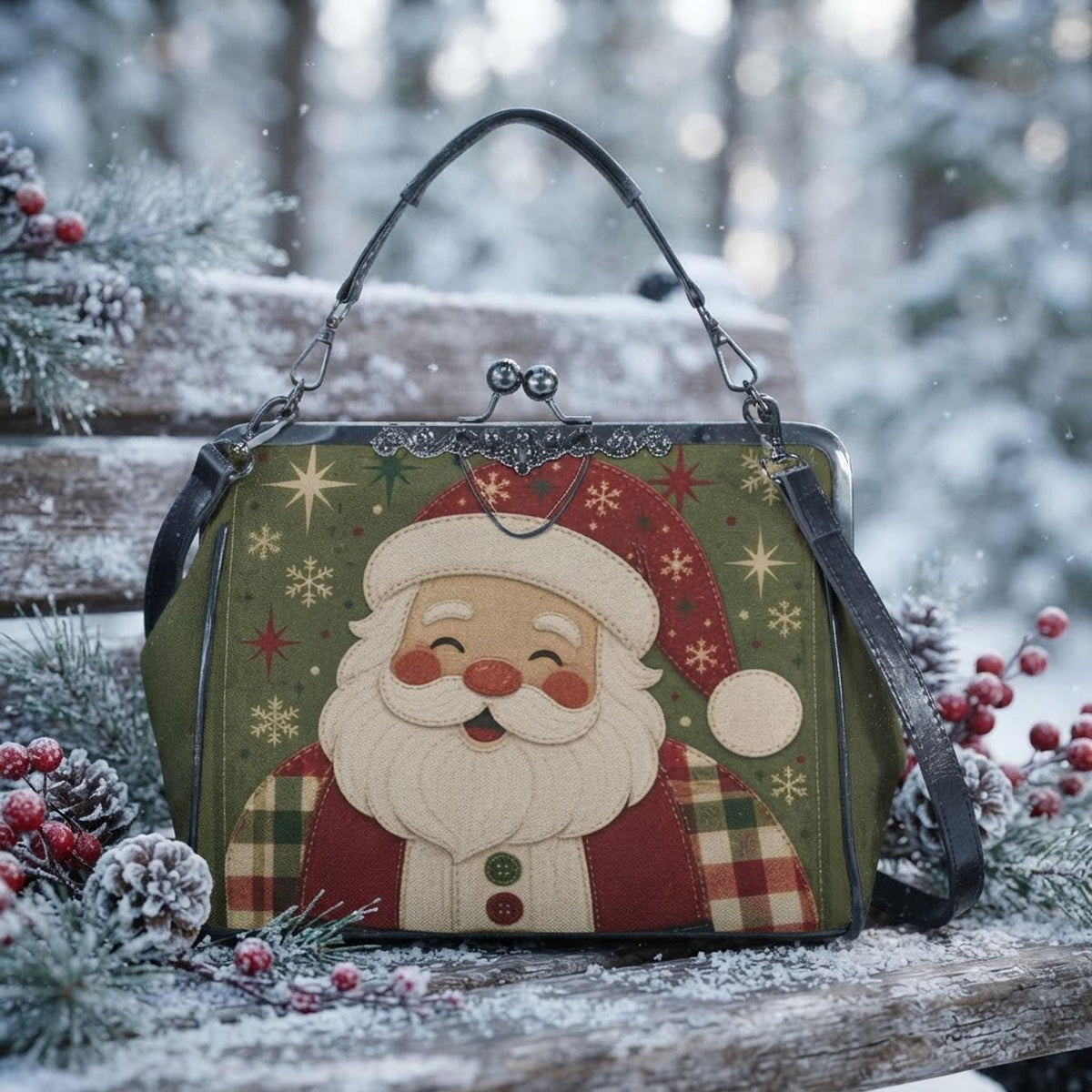 Santa Kisslock Bag, Waxed PU Leather Crossbody with Removable Shoulder Strap