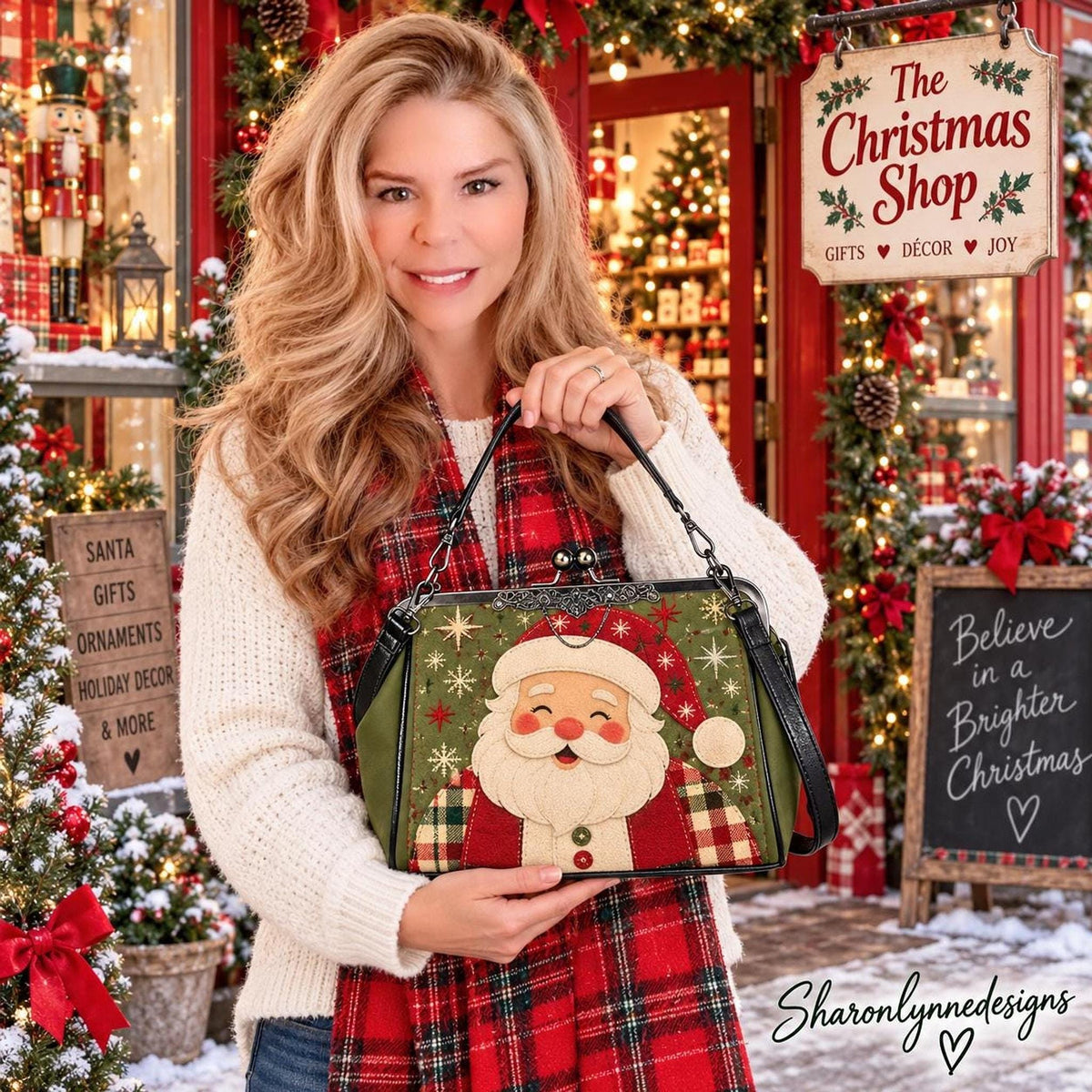Santa Kisslock Bag, Waxed PU Leather Crossbody with Removable Shoulder Strap