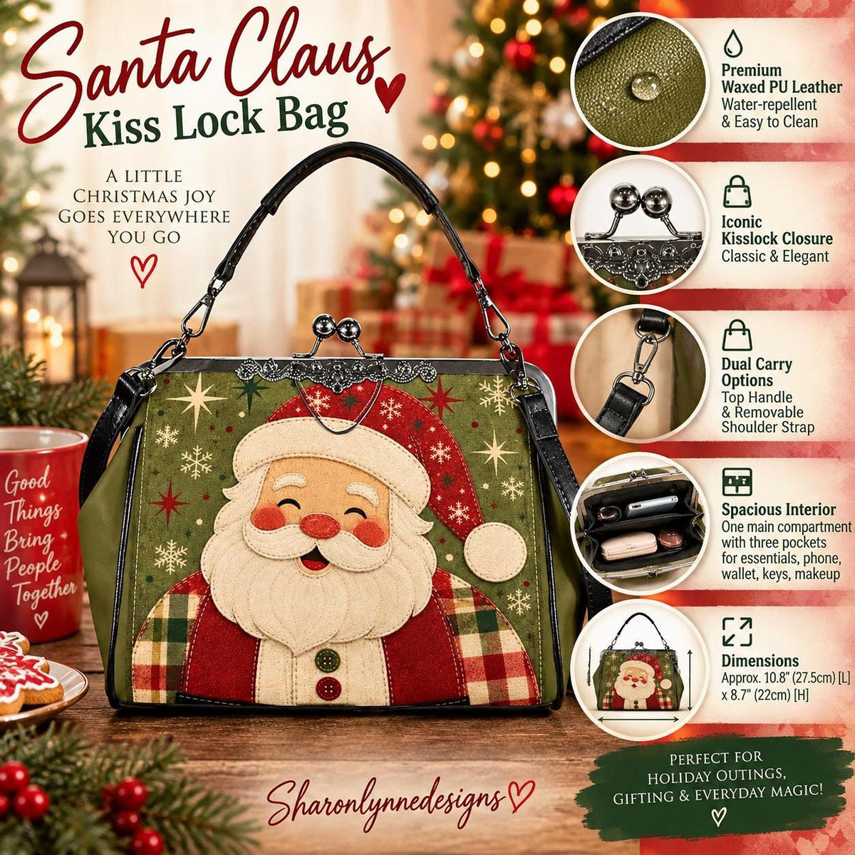 Santa Kisslock Bag, Waxed PU Leather Crossbody with Removable Shoulder Strap