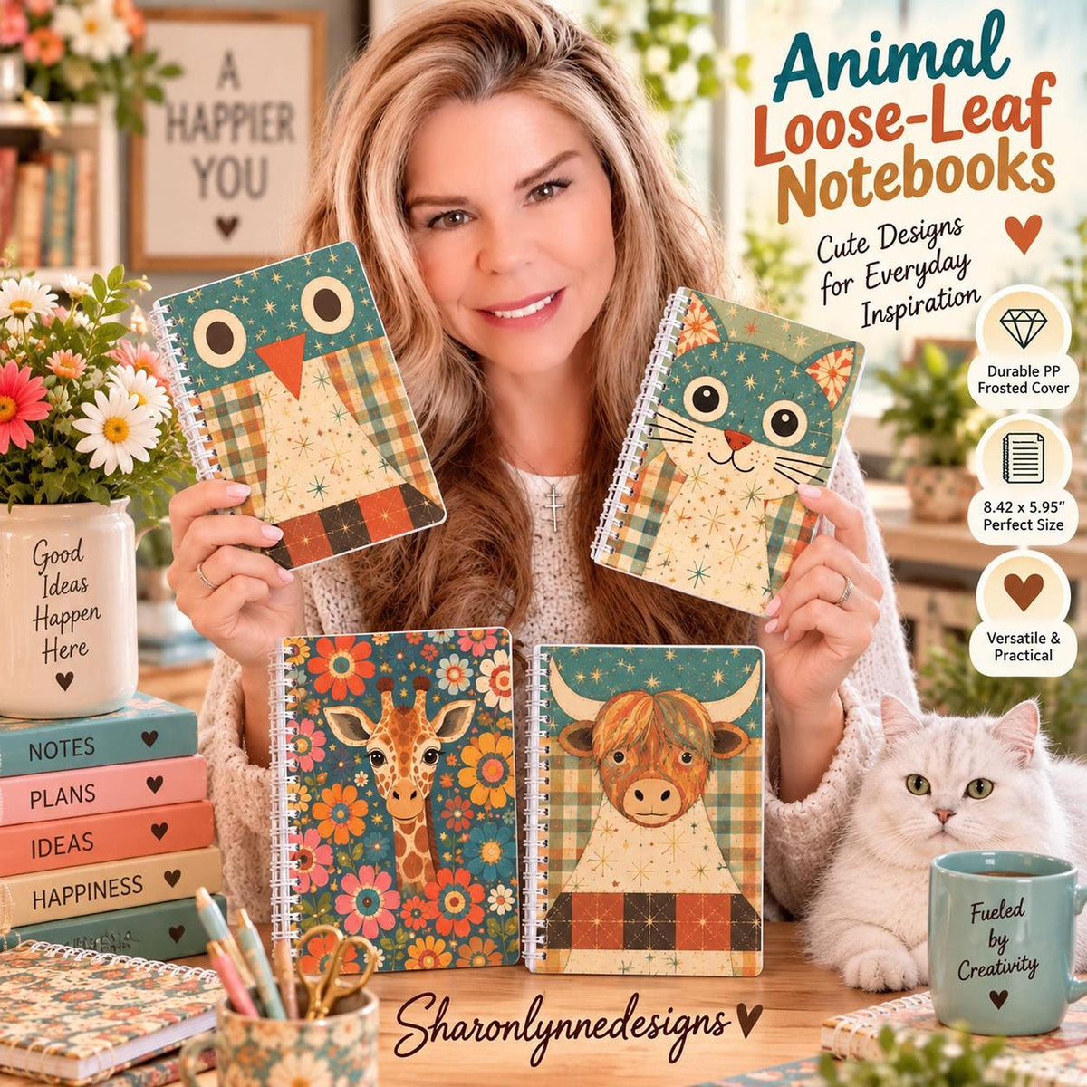 Animal Notebook Set of 4, Loose-Leaf Owl Cat Giraffe Highland Cow Designs