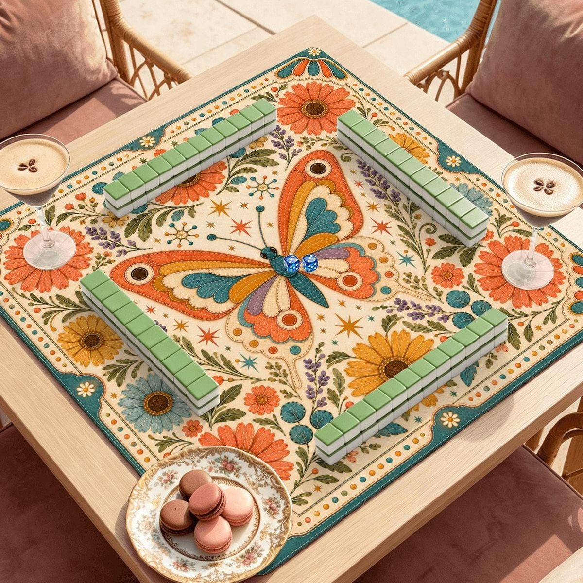 Retro Butterfly Mahjong Mat, Floral Polyester Surface, Non-Slip Rubber Backing