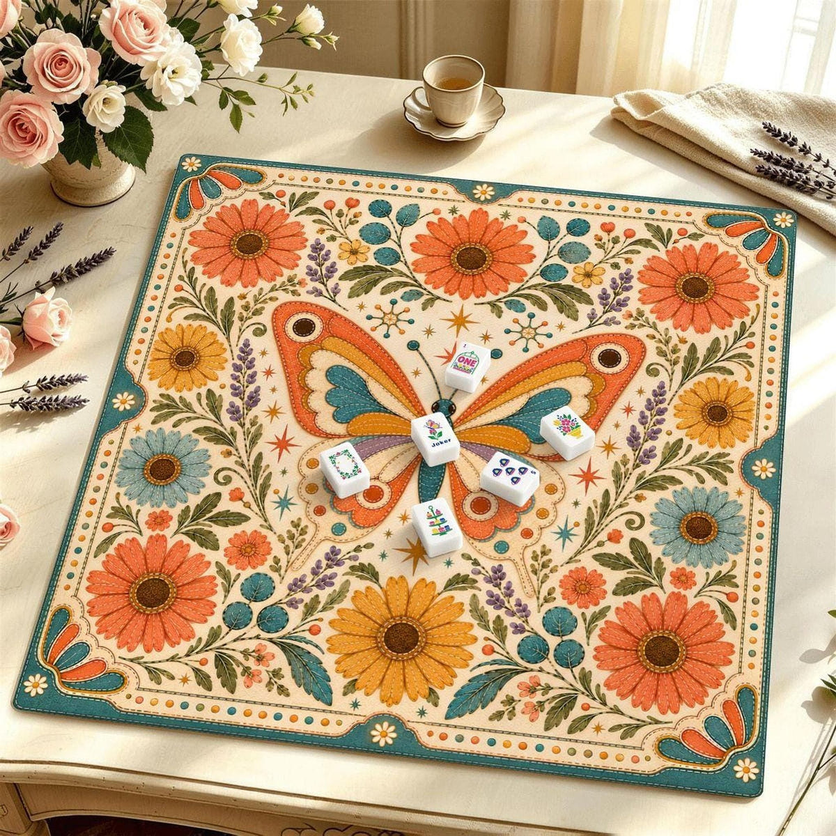 Retro Butterfly Mahjong Mat, Floral Polyester Surface, Non-Slip Rubber Backing