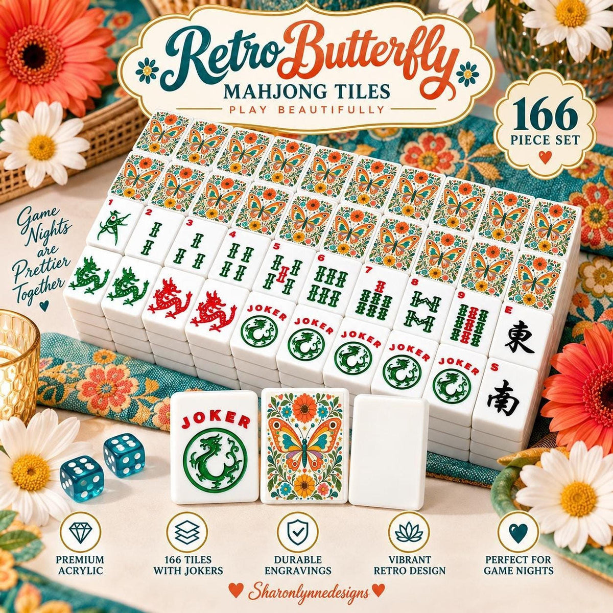 American Mahjong Acrylic Tile Set, 166 Pieces with Jokers, Retro Butterfly Design
