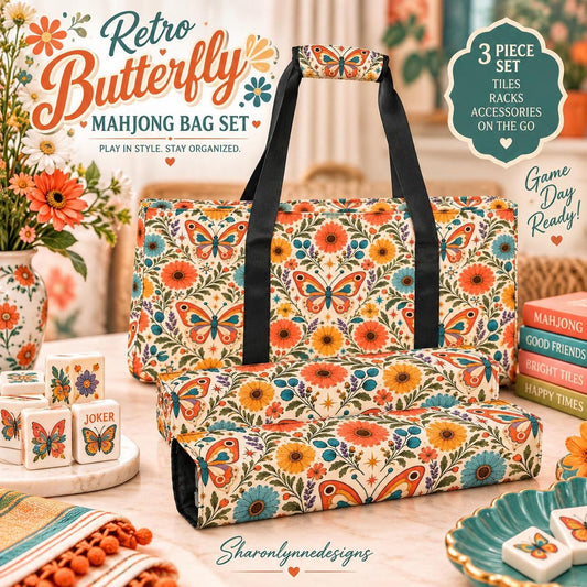 Retro Butterfly Mahjong Bag Set – 3 Piece Canvas Storage & Carrying Set