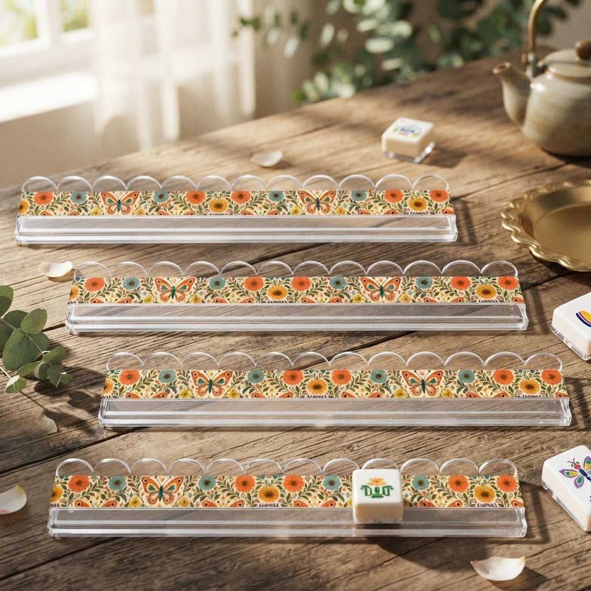 Retro Butterfly Mahjong Racks Set of 4, Extended Acrylic with Magnetic Pusher