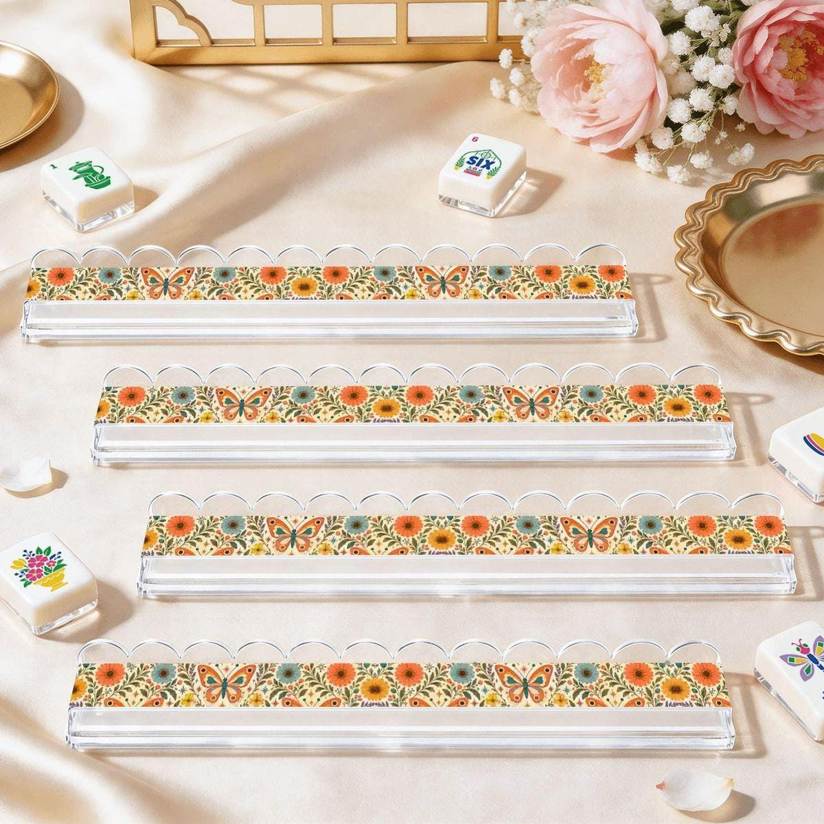 Retro Butterfly Mahjong Racks Set of 4, Extended Acrylic with Magnetic Pusher