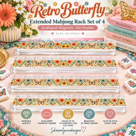 Retro Butterfly Mahjong Racks Set of 4, Extended Acrylic with Magnetic Pusher