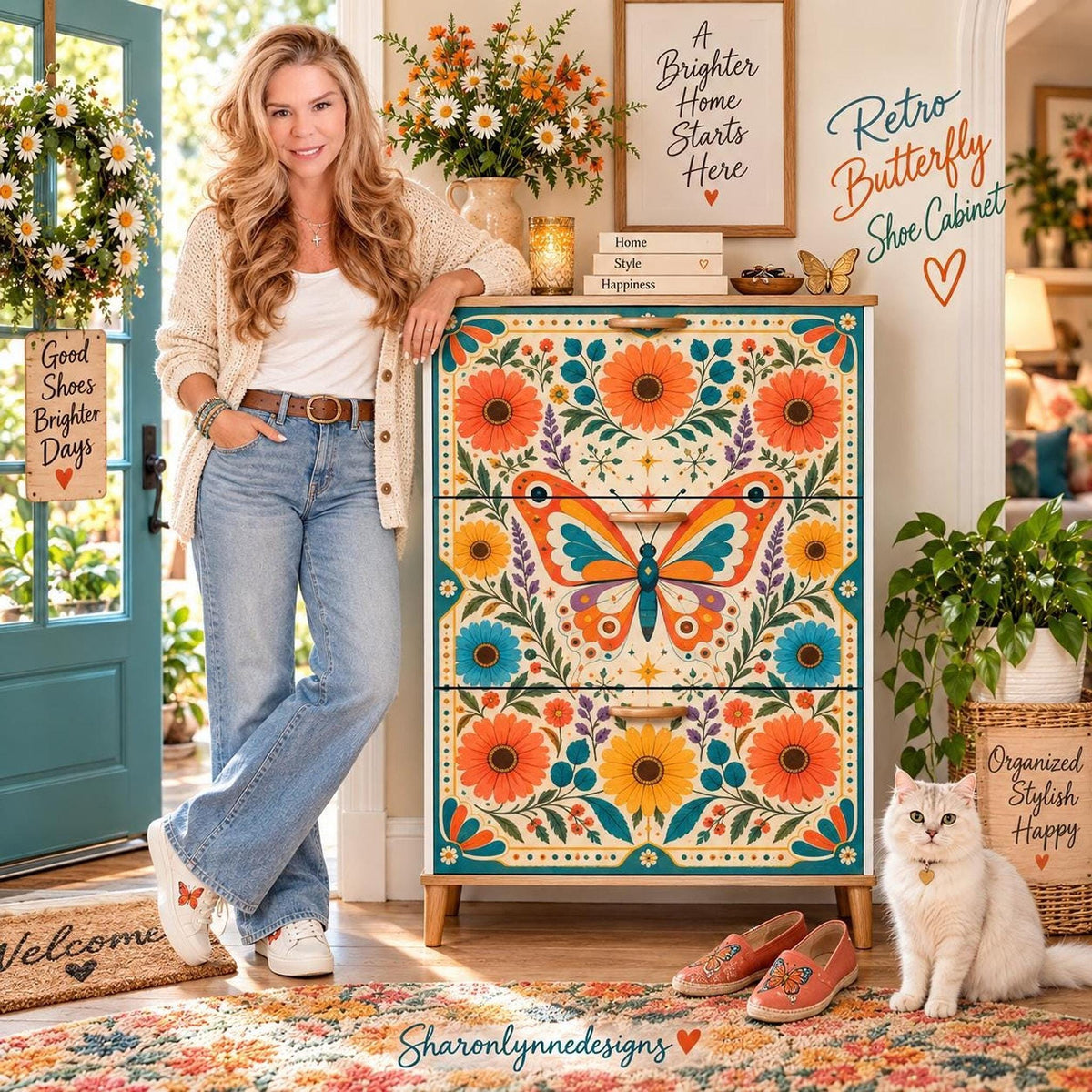 Retro Shoe Cabinet with Butterfly Floral Design, MDF Wood Storage, Three Flip-Down Drawers