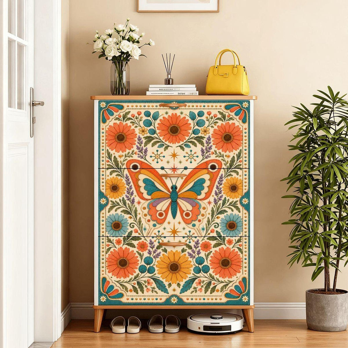 Retro Shoe Cabinet with Butterfly Floral Design, MDF Wood Storage, Three Flip-Down Drawers