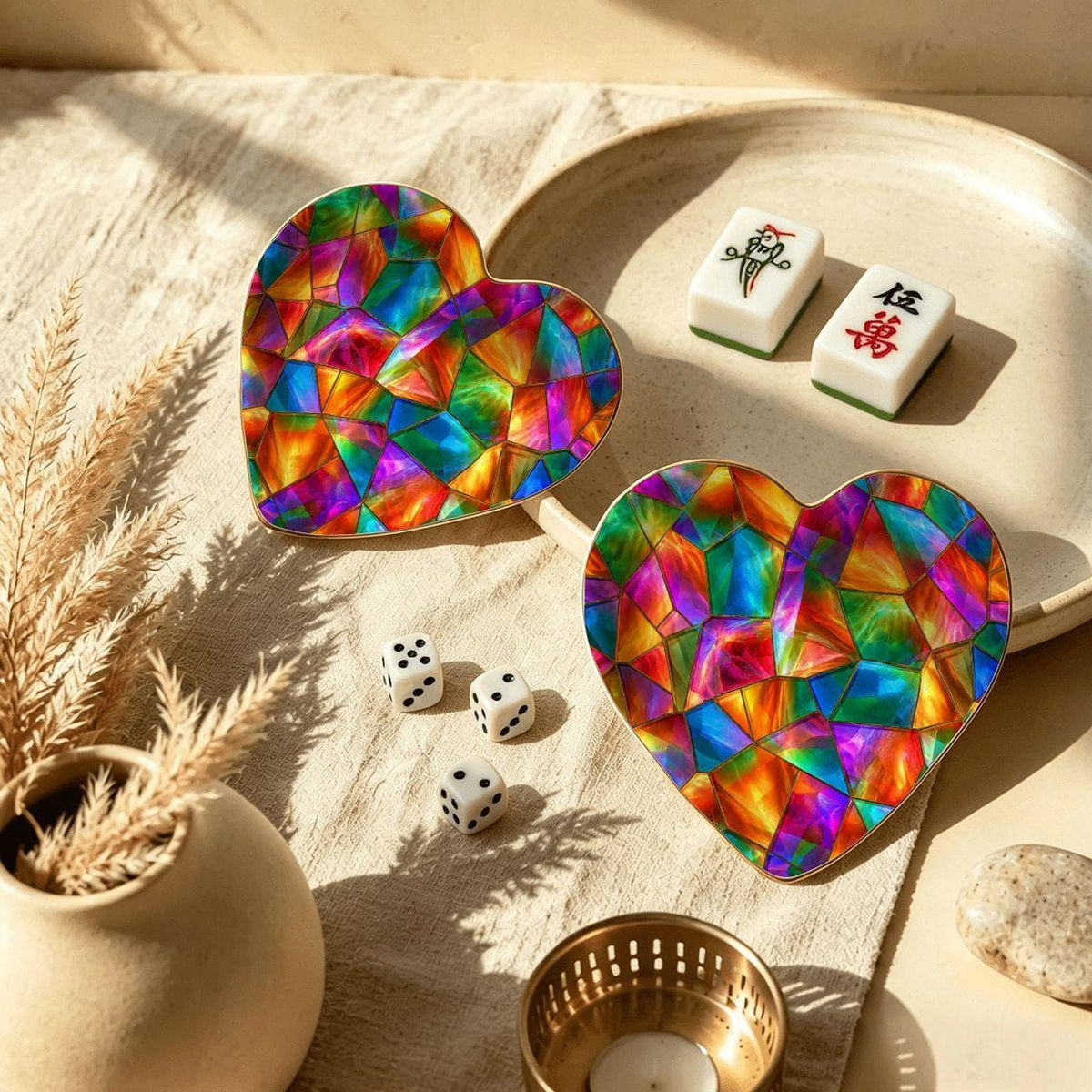 Mahjong Dice Tray, Heart-Shaped Ceramic Dish with Prism Design