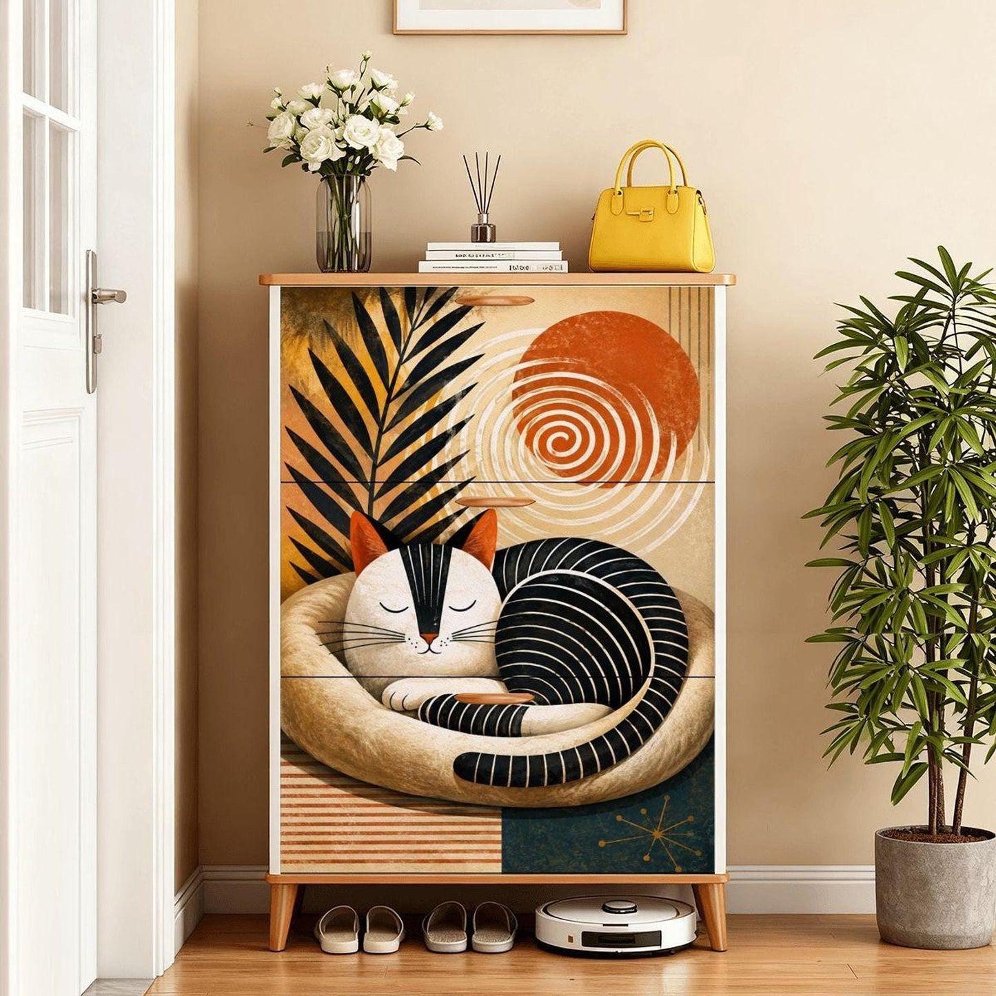 Cat Shoe Cabinet, Retro MDF Entryway Storage with 3 Foldable Drawers