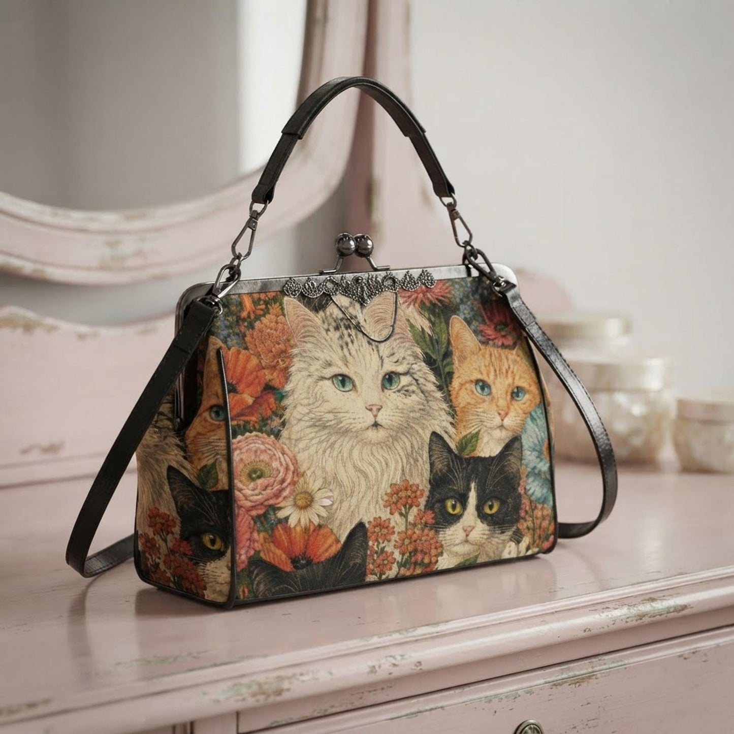 Cat Kiss Lock Bag, Waxed PU Leather Crossbody with Floral Design